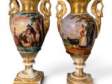 pair of antique vases with hand painted scenes on them