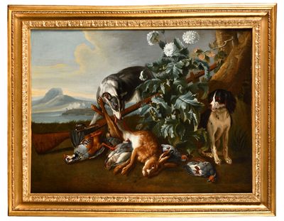 a painting of dogs and birds in a wooded setting