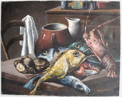 a painting of a fish on a table with other items