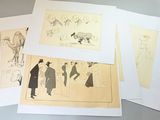 three drawings of people and animals are on a table