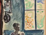 un tableau représentant une femme debout devant une fenêtre