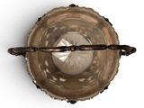 a silver bowl with a chain around it on a white surface
