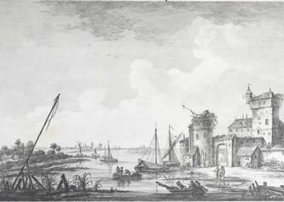 drawing of a view of a river with a castle in the background