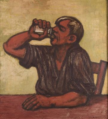 painting of a man sitting at a table drinking from a bottle