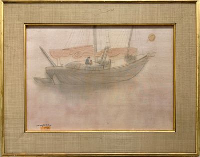 une image d'un tableau représentant un bateau dans l'eau