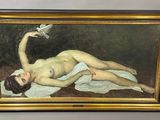 painting of a nude woman laying on a bed with a dove