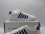 a pair of white and blue sneakers on a box