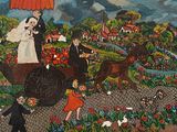 un tableau représentant une femme et un homme dans une calèche, dans un jardin