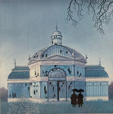 un tableau représentant deux personnes tenant des parapluies devant un immeuble