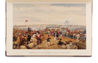 un vieux tableau représentant un groupe d'hommes debout au bord d'une plage