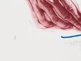 a drawing of a hand holding a blue object