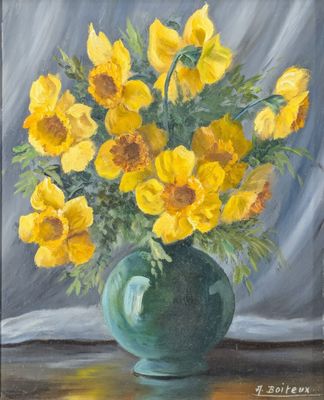 tableau représentant des fleurs jaunes dans un vase vert posé sur une table
