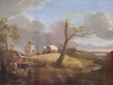 a painting of a painting of a farm scene with a horse drawn carriage