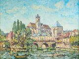 an oil painting of a river scene with a bridge and buildings