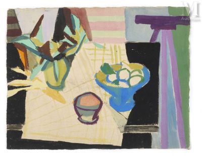 une peinture représentant un vase de fleurs sur une table