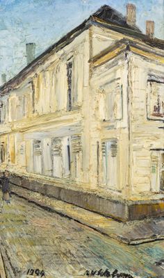une peinture à l'huile représentant un bâtiment dans une rue de la ville, avec une calèche