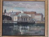 une peinture à l'huile représentant une vue de la ville depuis l'autre rive du fleuve