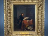 a painting of a man sitting at a table reading a book