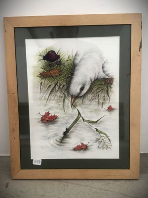painting of a polar bear in water with red leaves and a butterfly