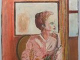 tableau représentant une femme assise à une table devant une fenêtre