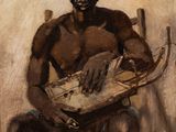 tableau représentant un homme assis sur une chaise, tenant un instrument de musique