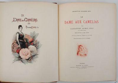 an open book with a picture of a woman in a dress and a fan