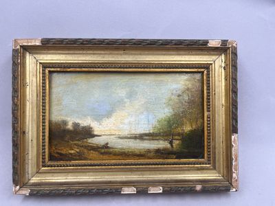 l'image d'une peinture représentant une rivière avec un bateau dans l'eau