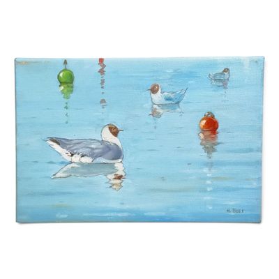 painting of a group of birds floating on top of a body of water