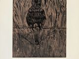 drawing of a bird perched on a tree branch in a field