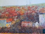 a picture of a painting of a field with trees in the background