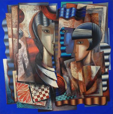 tableau représentant une femme et un homme sur fond bleu