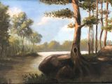 un tableau représentant une rivière au milieu d'une forêt