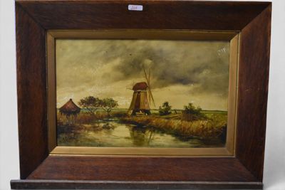 une peinture à l'huile représentant un moulin à vent dans un champ, avec une rivière au premier plan