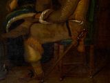 an old painting of a man sitting in a chair holding a fan
