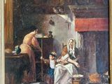 a painting of a woman and two children in a kitchen