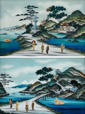 Deux fixés sous verre "Paysages animés" avec collages et inc…
