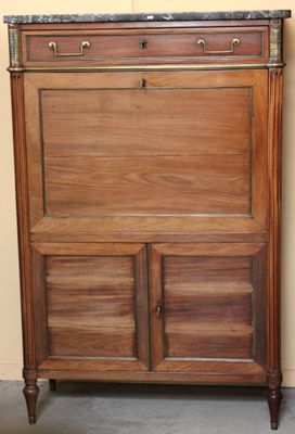 pair of antique wooden cabinets with marble top and brass hardware