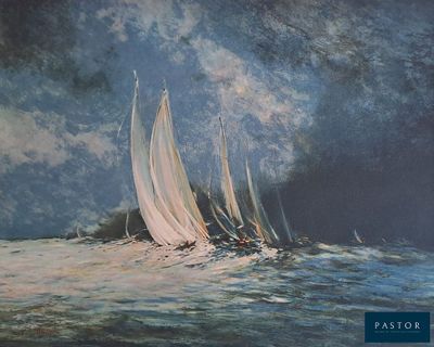 tableau représentant un groupe de voiliers naviguant sur une mer agitée