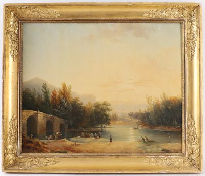 an image of a painting of a river scene with a bridge in the foreground