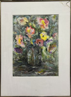 painting of flowers in a vase on a table in front of a wall