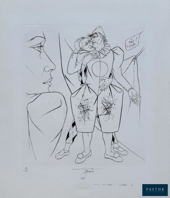 a black and white drawing of a man and a woman