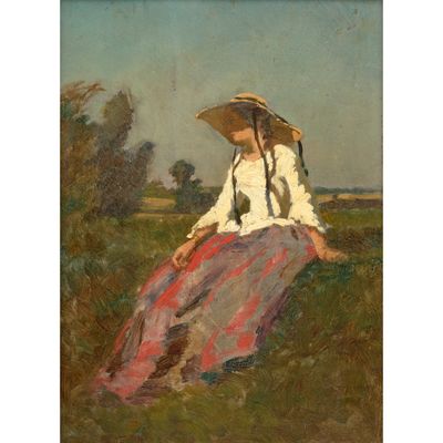 un tableau représentant une femme assise dans un champ, coiffée d'un chapeau