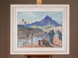 an oil painting of a group of people in the desert