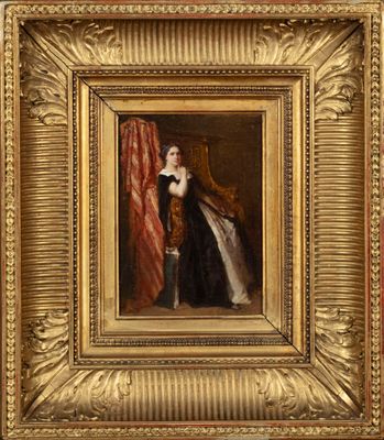 une image représentant un tableau d'une femme en robe noire, dans un cadre doré