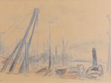 drawing of a boat tied up to a pole in a harbor