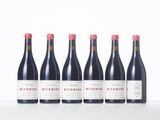 six bottles of red wine lined up against a white background