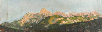 peinture représentant une peinture d'une chaîne de montagnes avec un lac au premier plan