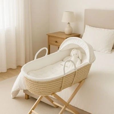 a baby bassine in the middle of a bed in a bedroom