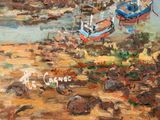 a painting of a painting of boats in the water