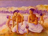 painting of three women and a baby sitting on a beach